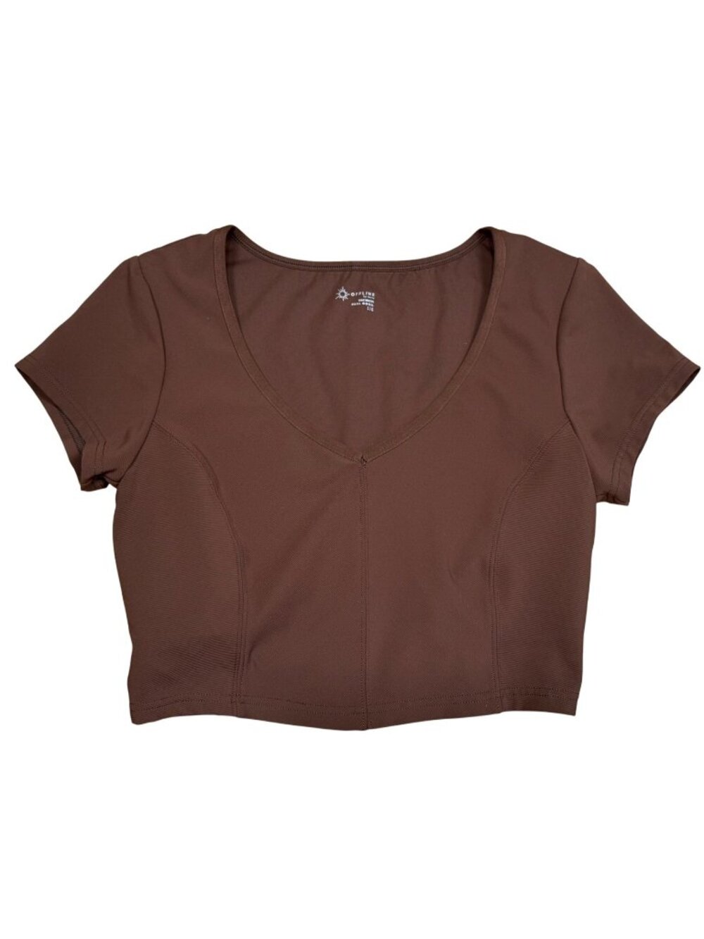 Offline By Aerie Brown V-Neck Crop Top Womens L Short Sleeve Stretchy